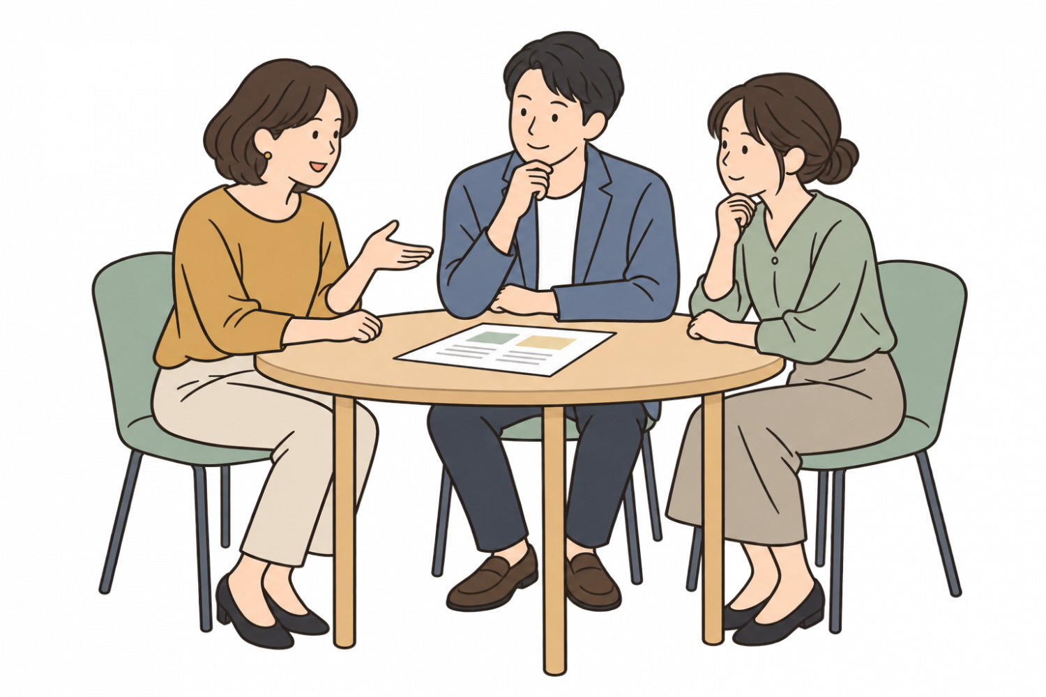 三人の成人が机を囲んで、準備の進め方を話し合うイメージ