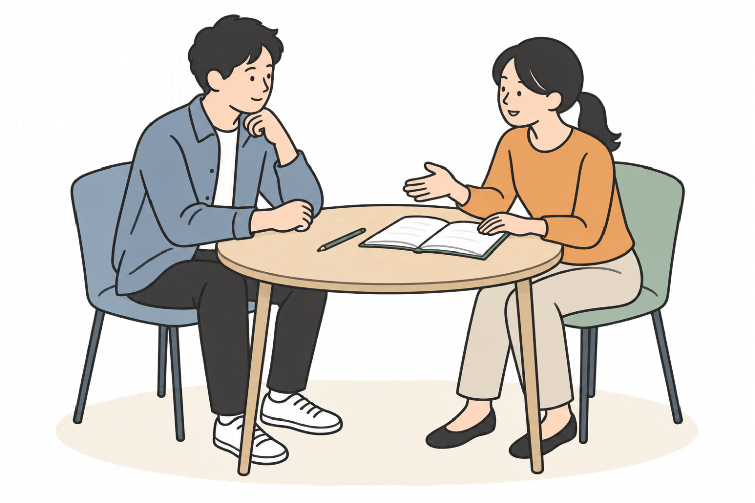 二人の成人が机を囲み、ノートを見ながら復職の準備について話すイメージ